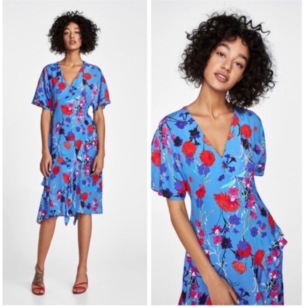 Zara Blue Floral Ruffle V Neck Midi Dress